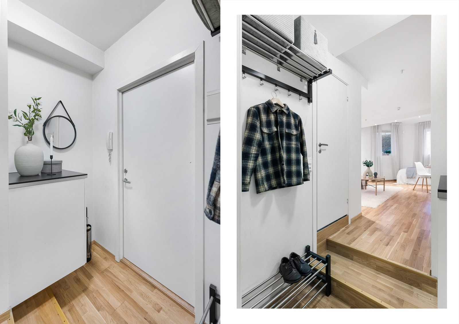 Entrè med platt til oppheng av tøy. Callinganlegg for ytterdør på bygget. Galleribilde