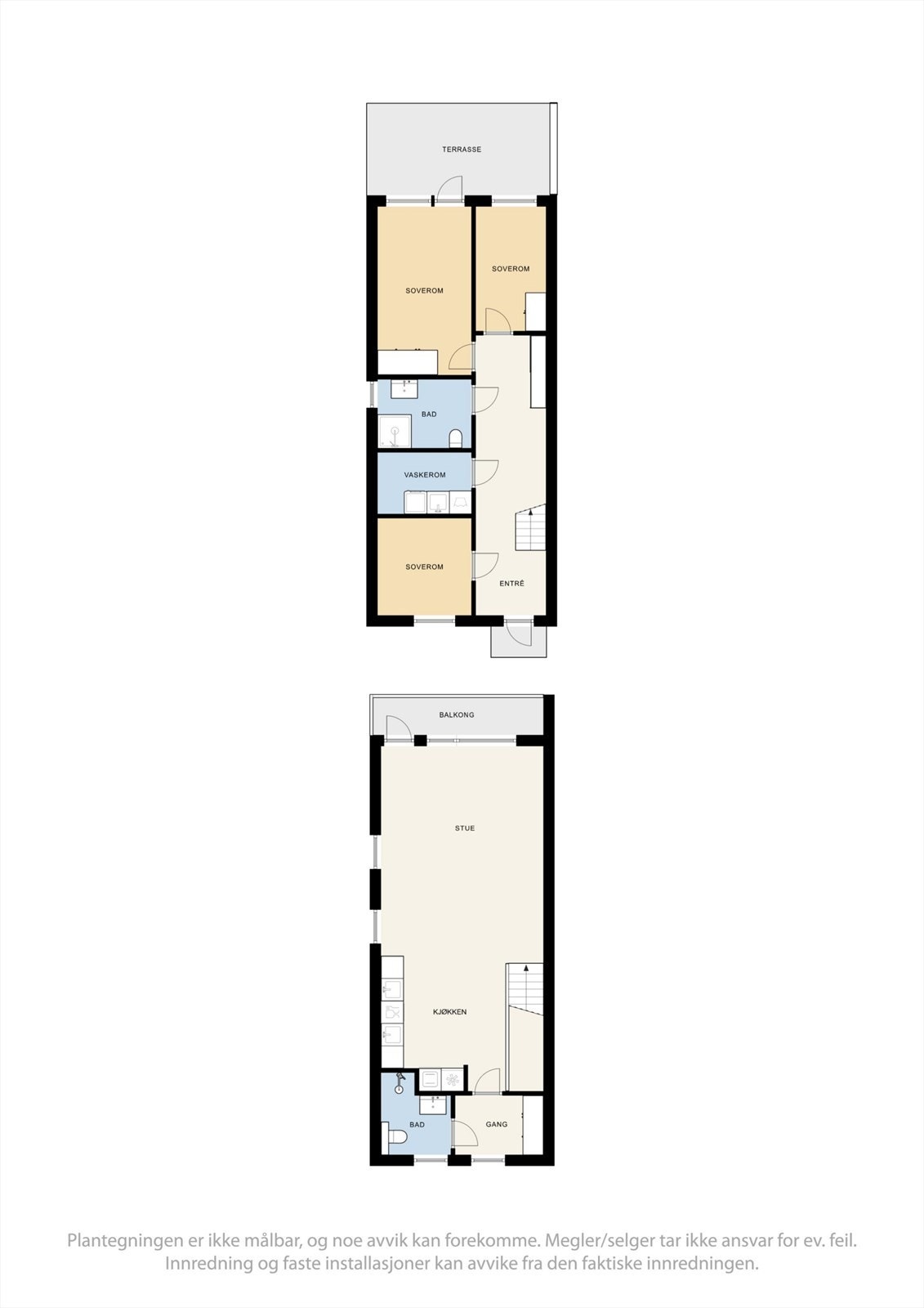 Boligen strekker seg over to plan og har et samlet bruksareal på 98 m², med en smart fordeling av private og sosiale soner. Galleribilde