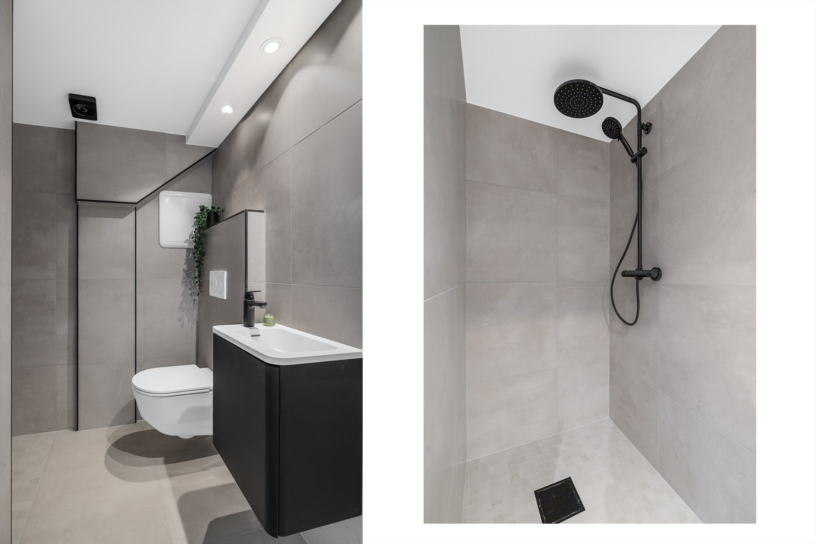 Badet er nytt fra 2025. Fliser på vegger, platet, malt himling og varmekabler i gulv. Innredet med dusj, servant, servantskap og veggmontert wc. Galleribilde