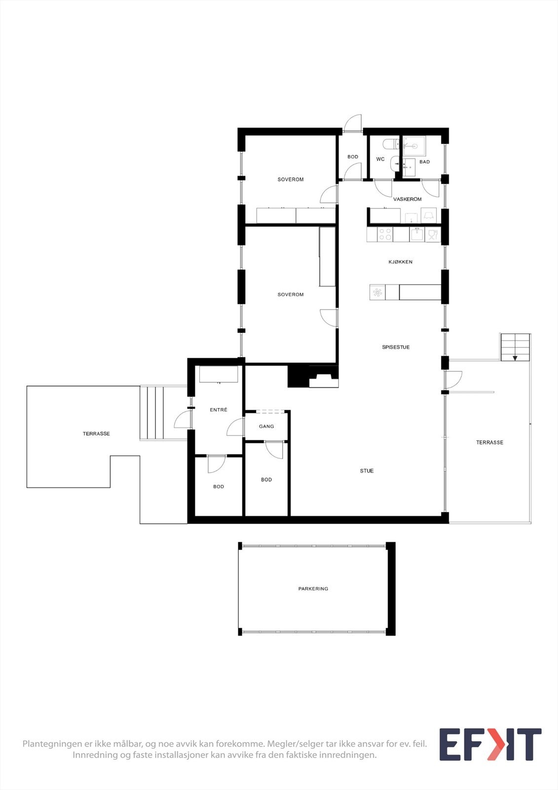 Boligen har et bruksareal på 126 m² og en arealeffektiv planløsning med to soverom, separat vaskerom og toalettrom. Galleribilde