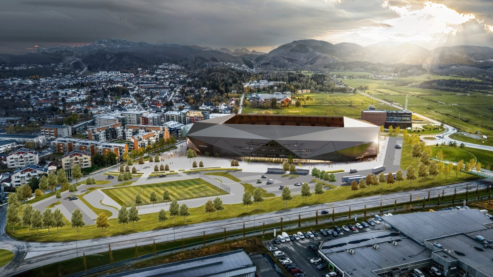 Illustrasjon av Bodø Glimt sin nye stadion. Arenaen skal etter planen stå ferdig høsten 2027. Galleribilde