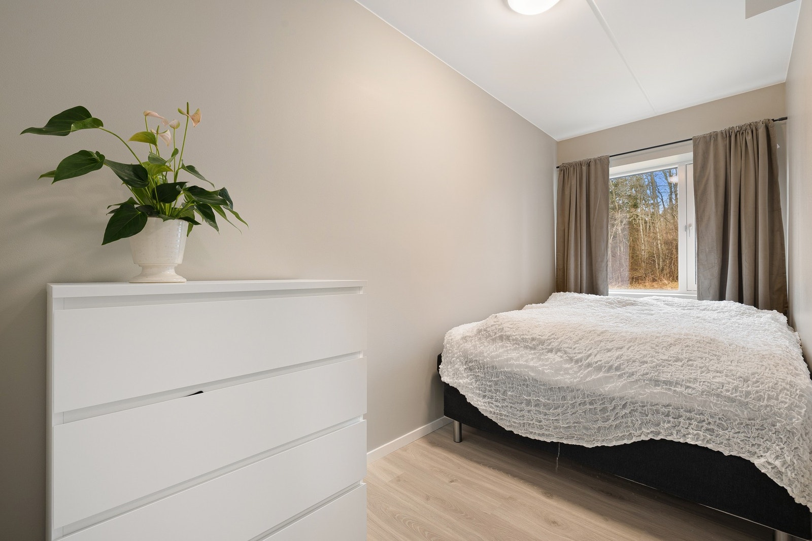 Lunt soverom med plass til seng og oppbevaringsmøblement. Galleribilde