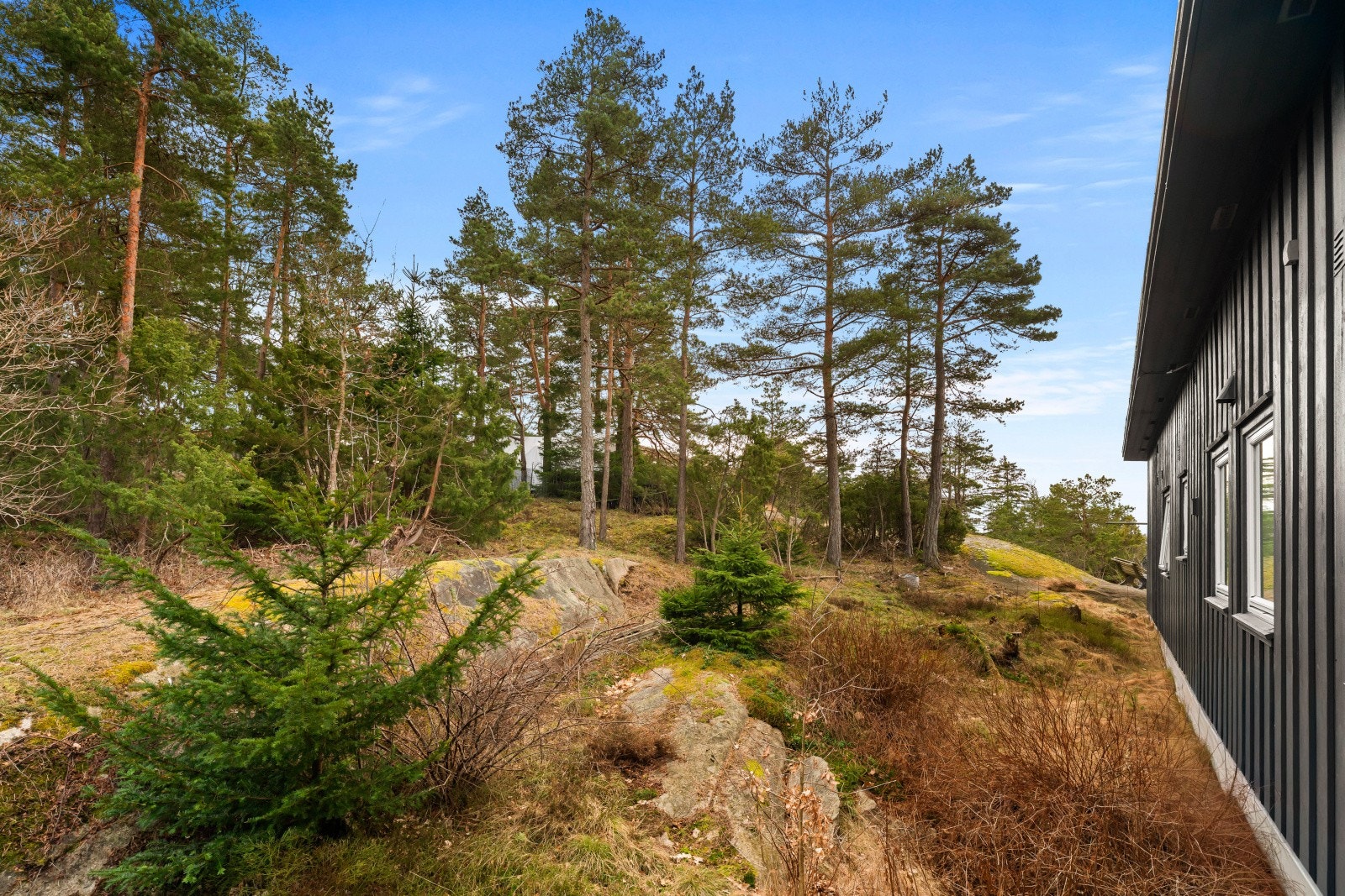 Tomten er dels flat, dels skrånende, og dels kupert, med partier av fjell/berg i dagen. Galleribilde