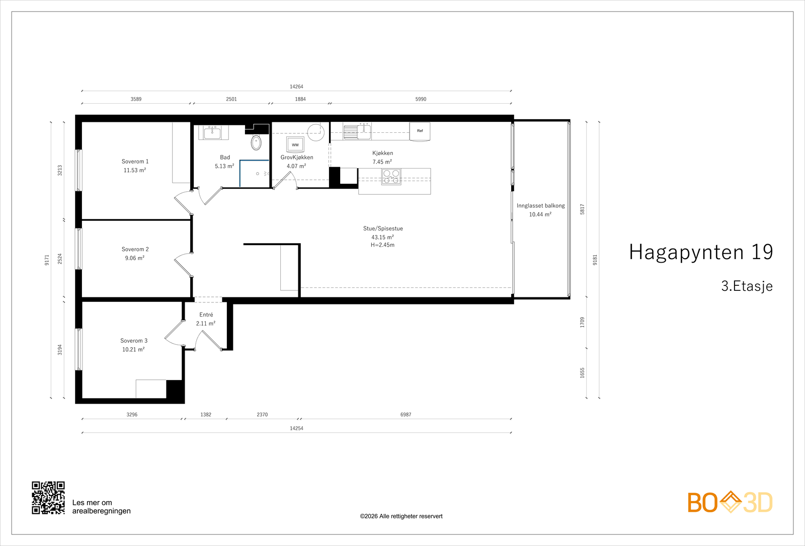 Plantegning. Leiligheten disponerer også to eksterne boder. Galleribilde