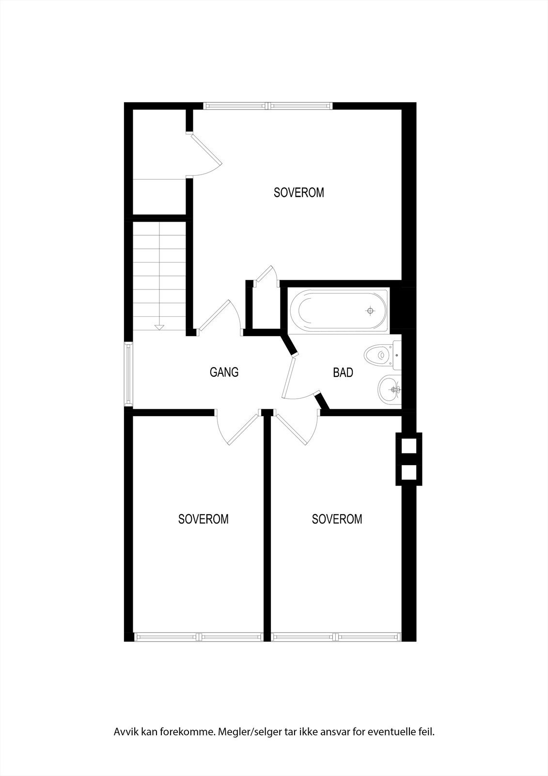 2. etasje: Trapperom, bad, soverom 1, soverom 2, soverom 3 - det ene med garderobe rom. Galleribilde
