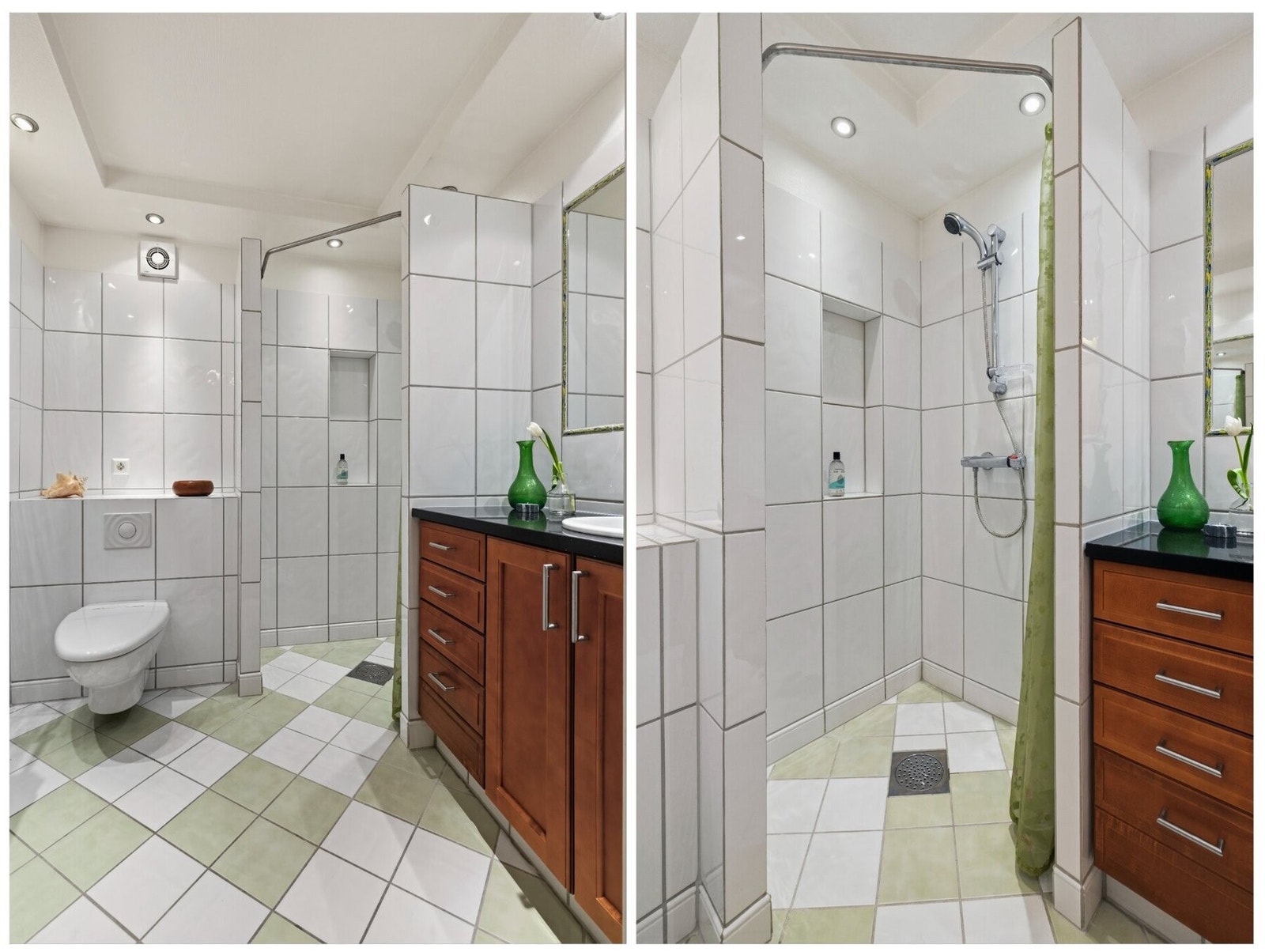 Badet i kjelleren ble totalrenovert i 2008. Gulvet har fliser og varmekabler med trinnløs regulering. Rommet har en god vifte for å holde kjelleren tørr og fin. Baderomsinnredning fra HTH med skuffer i heltre gir en følelse av kvalitet. Galleribilde