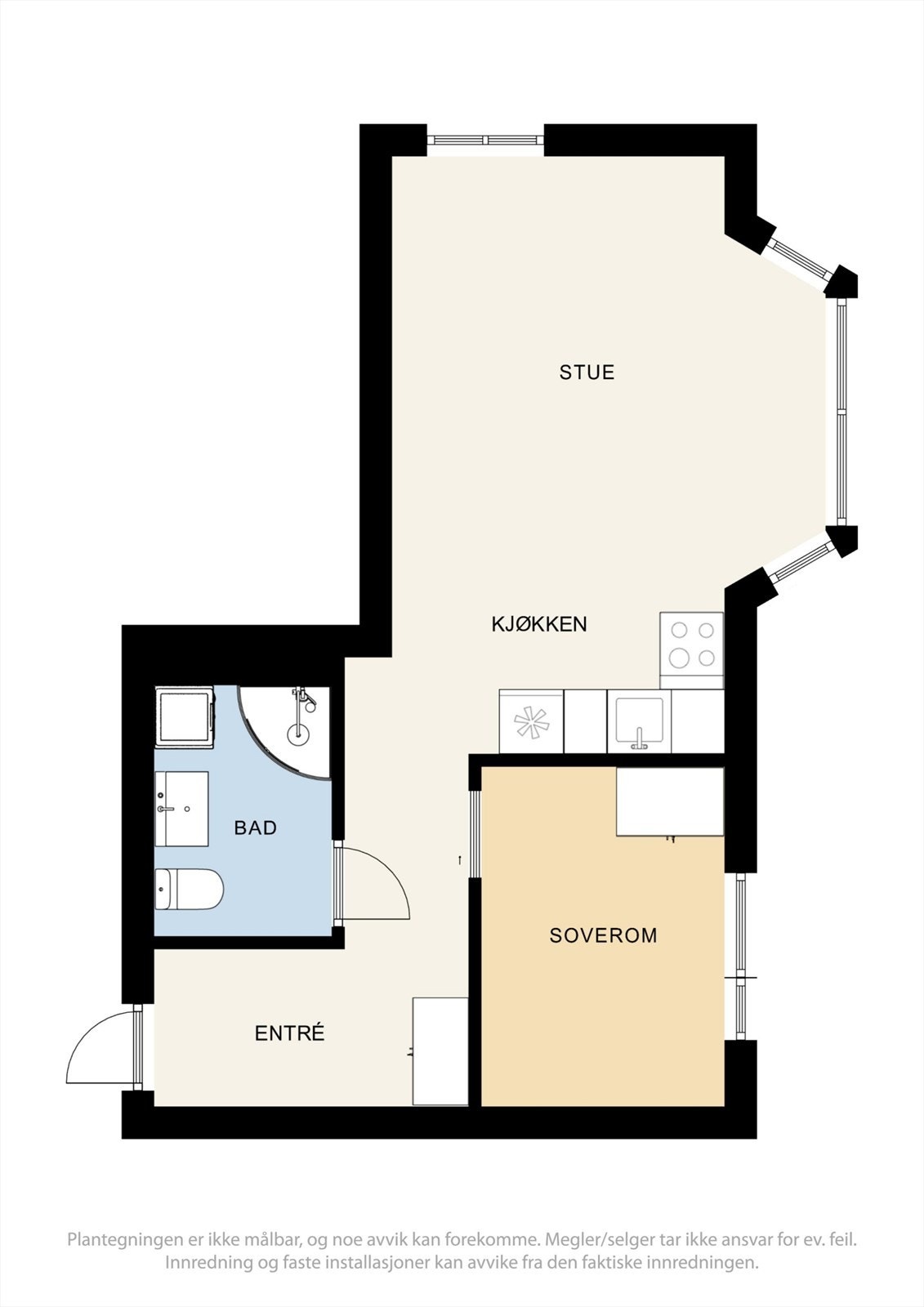 Leiligheten på 40 m² har en arealeffektiv planløsning med adskilt soverom og en åpen sone for stue og kjøkken. Galleribilde