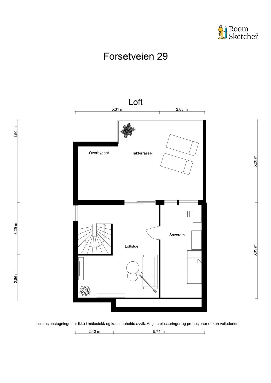 Loftsetasjen er innredet med en hyggelig loftstue og ett soverom. Herfra er det utgang til den store takterrassen. Galleribilde