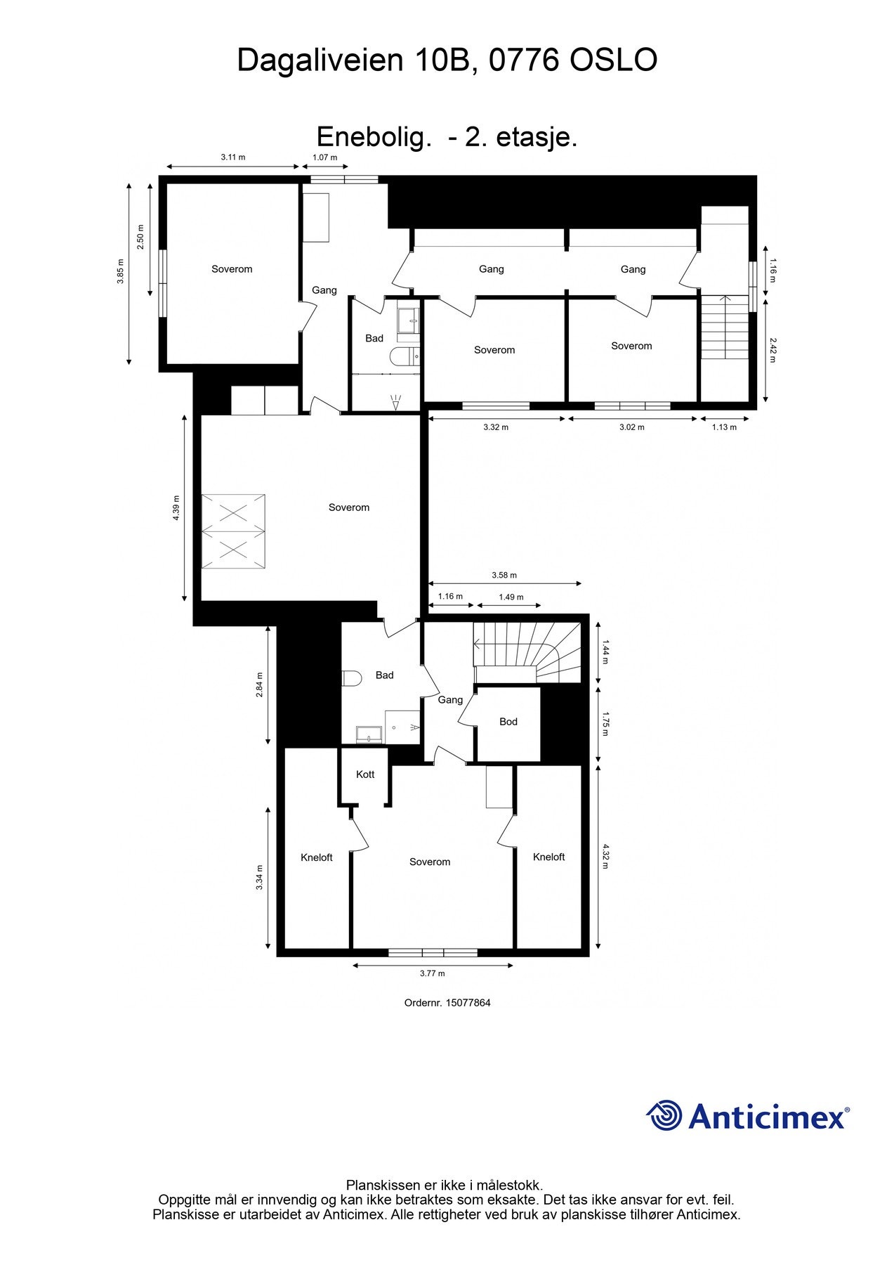 Plantegning 2.etasje. BRA-i 112 m²: Tre ganger, to bad, innvendig bod, kott og fem soverom. Galleribilde