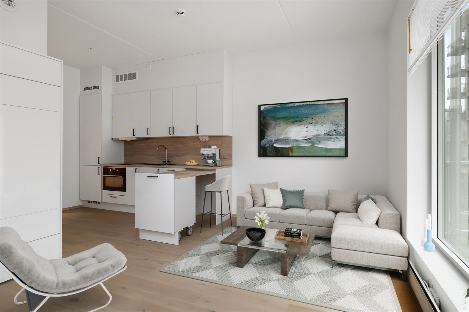I opphaldsrommet er det kjøkkendel og plass til innreiing av sittegruppe og tv-krok. Foto er 3D-redigert. Galleribilde