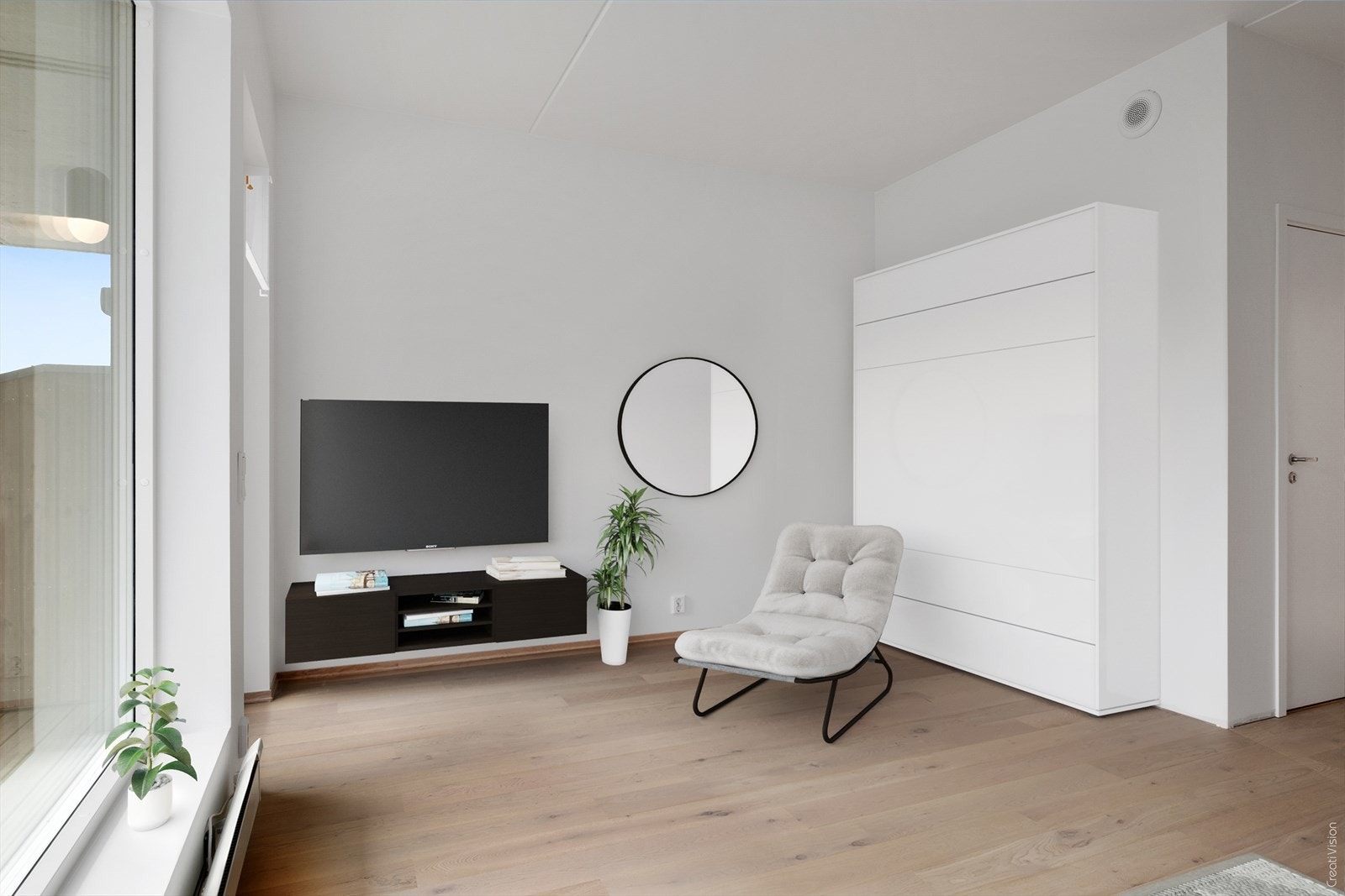 Opphaldsrommet har også ei skapseng (wallbed) som enkelt kan fellast ned når du skal sove, og løftast opp i skapet på dagtid. Foto er 3D-redigert. Galleribilde