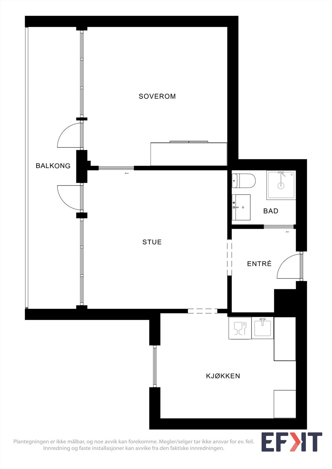 Leiligheten har et bruksareal på 46 m² med en arealeffektiv planløsning som skiller soverom fra de sosiale sonene. Galleribilde