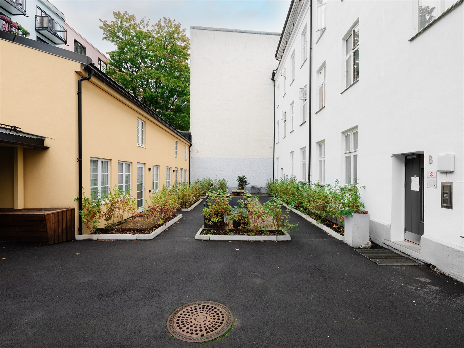 Her får du et grønt og stille indre gårdsrom med sittegrupper og beplantning. Galleribilde