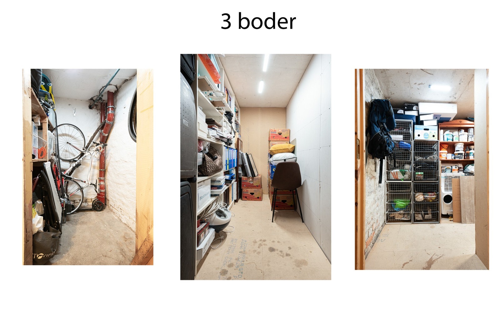 Boligen har rikelig med lagringsplass da den disponerer tre kjellerboder, på ca. 6 kvm, 4 kvm og 3 kvm. Galleribilde