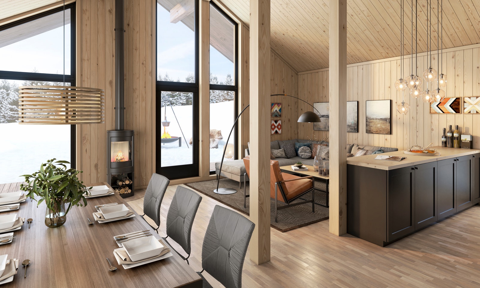 Moderne og lys stue/kjøkken. Eksempelbilde av den planlagte fritidsboligen, hyttemodell Preg 123 fra Berge Hytta. Galleribilde