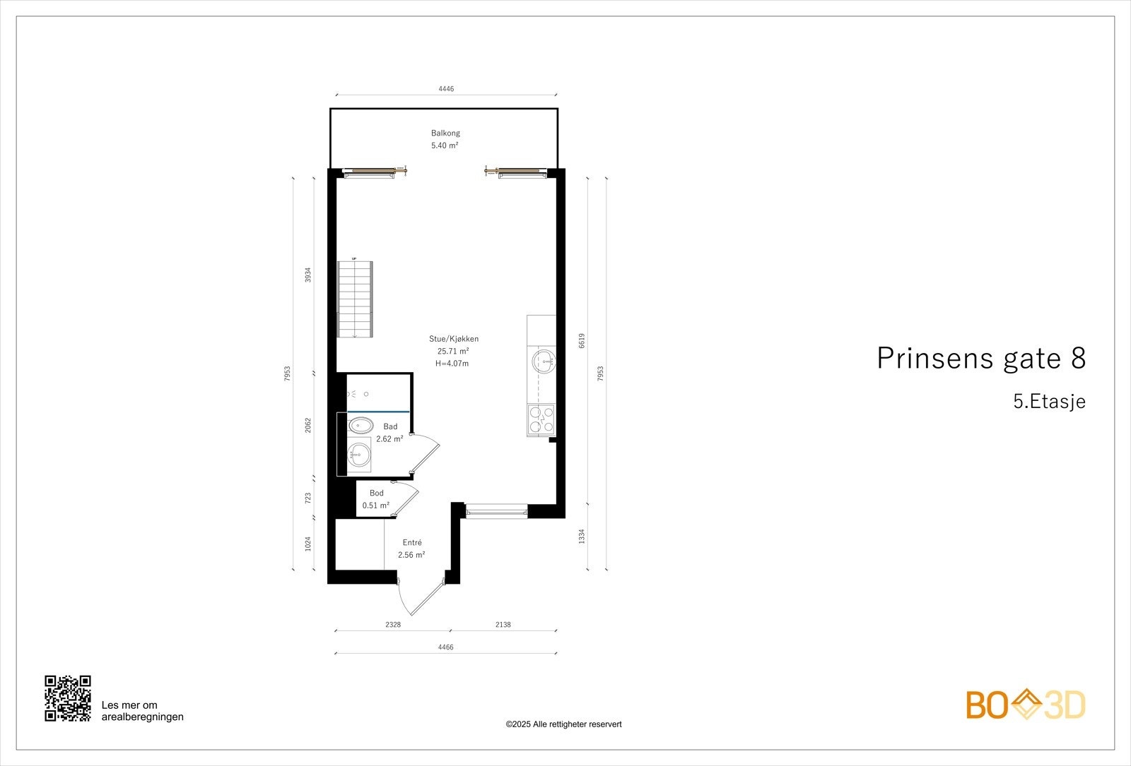 Planskisse 5.etg (33 kvm BRA-i) bestående av entré, stue/kjøkken med utgang til balkong, baderom og teknisk rom/bod med opplegg til vaskemaskin. Galleribilde