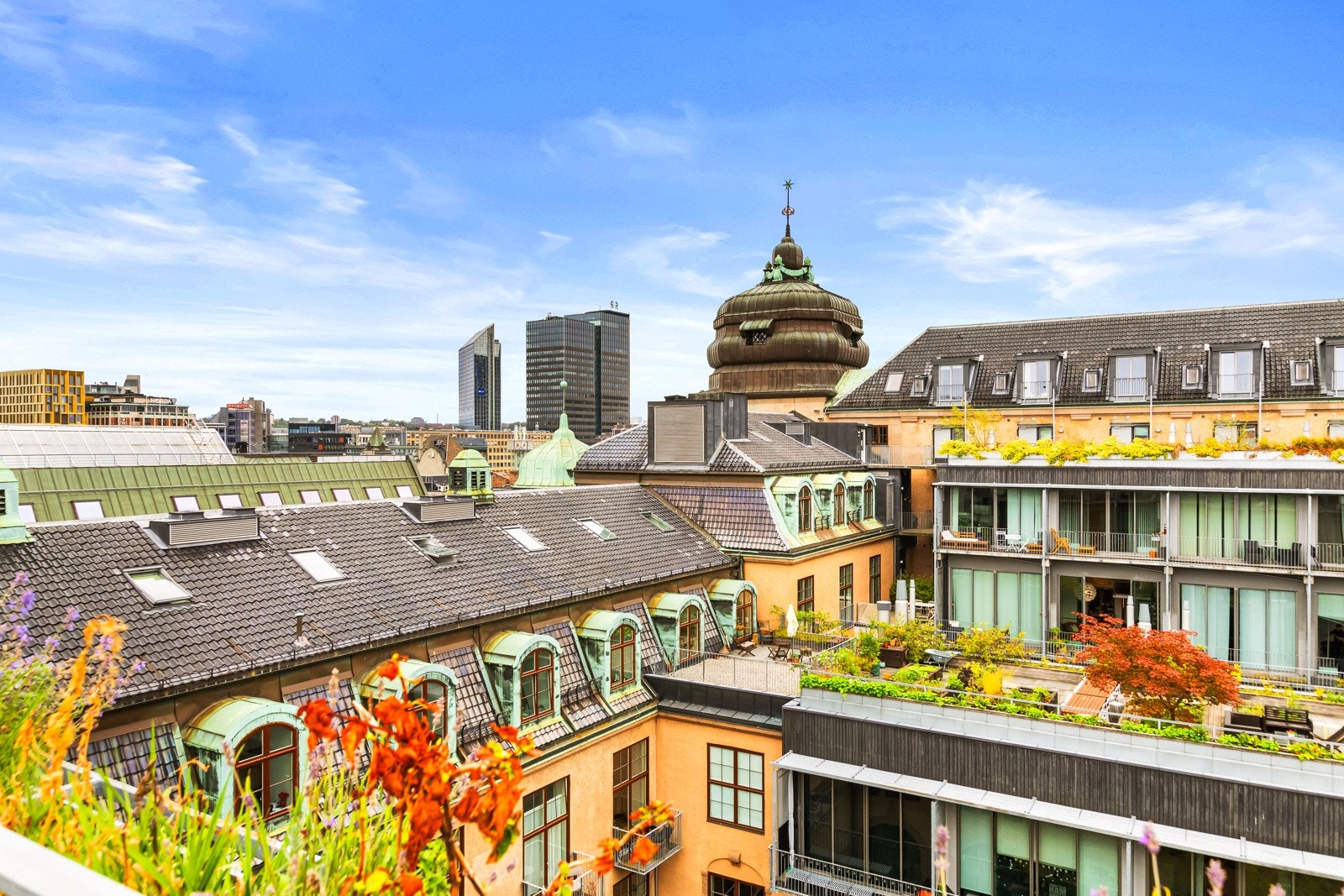 I tillegg til balkongen har beboerne i sameiet tilgang på tre felles takterrasser, hvorav en man kan se fra balkongen. Galleribilde