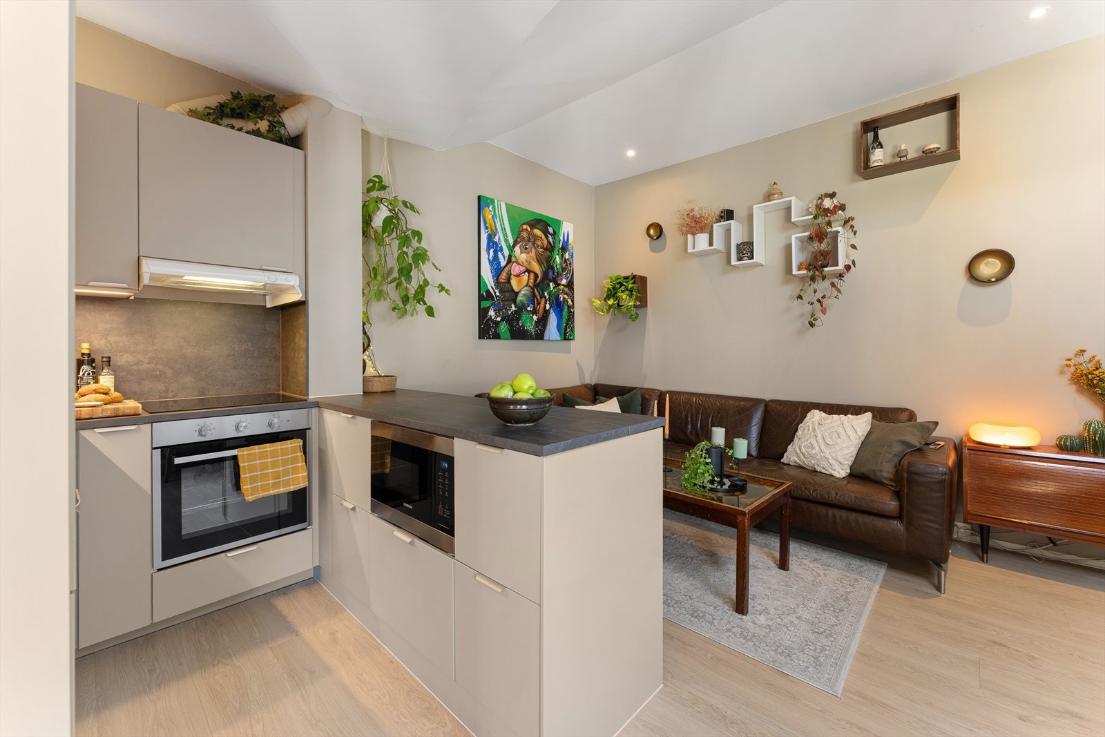 Leiligheten har en smart og åpen planløsning, perfekt for sosiale sammenkomster. Galleribilde