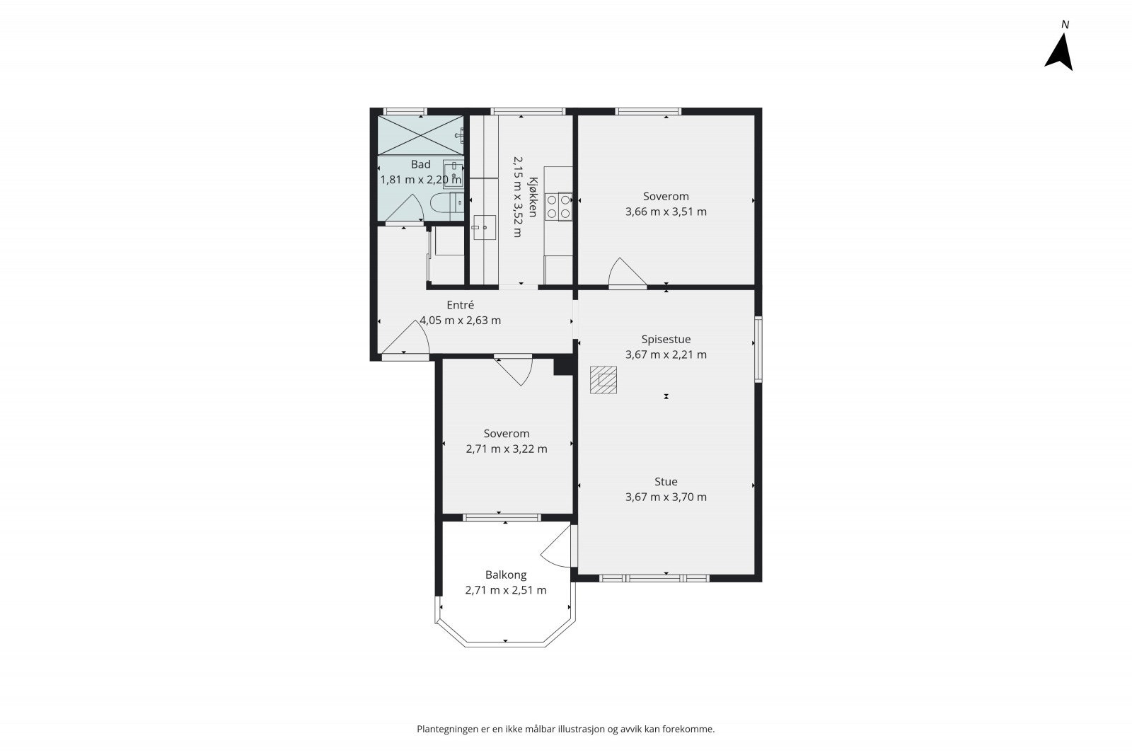 Leiligheten har en gjennomtenkt planløsning på 67 m² med to soverom, separat kjøkken og en romslig stue. Galleribilde