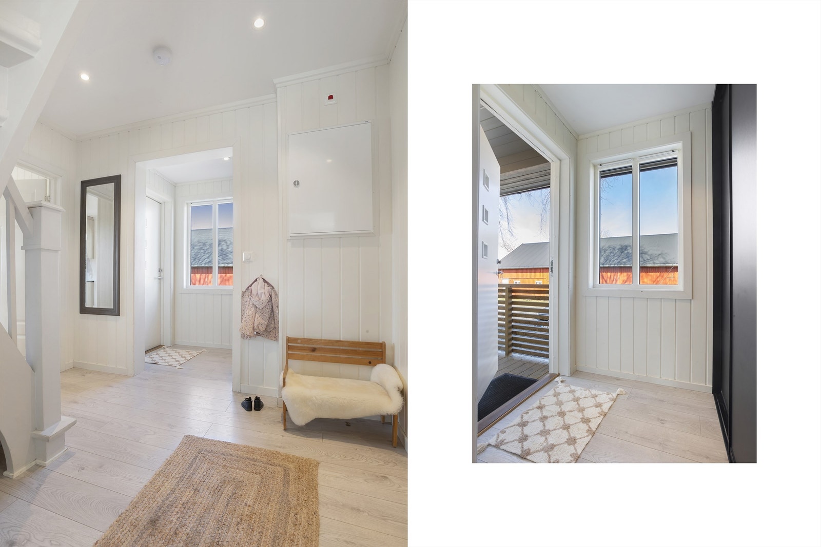Entréen er lys og funksjonell, med god plass til å henge fra seg yttertøy i skyvedørsgarderobe. Galleribilde