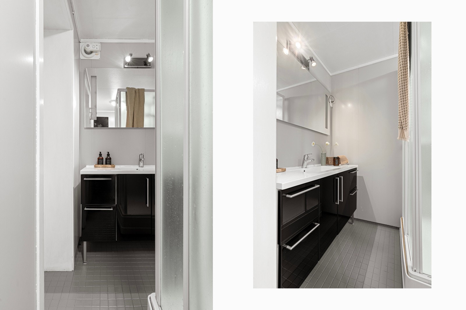 Bad/vaskerom med fliser på gulv, gulvvarme, baderomsinnredning med servant og speil