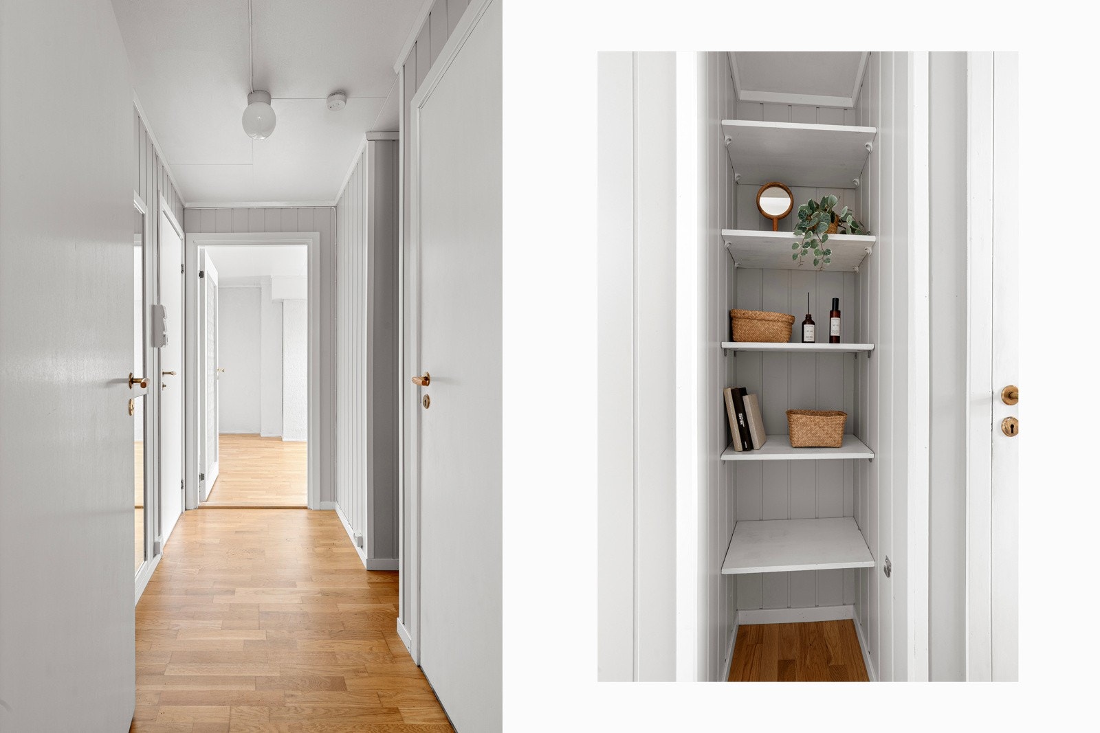 Romslig gang med hyller for oppbevaringsplass