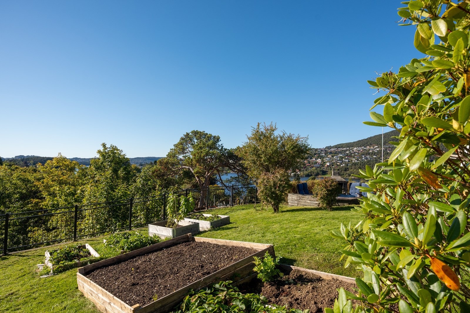 Hagen er stor og har gode beplantningsmuligheter. Her kan man også leke, slappe av og ha sosiale sammenkomster. Galleribilde