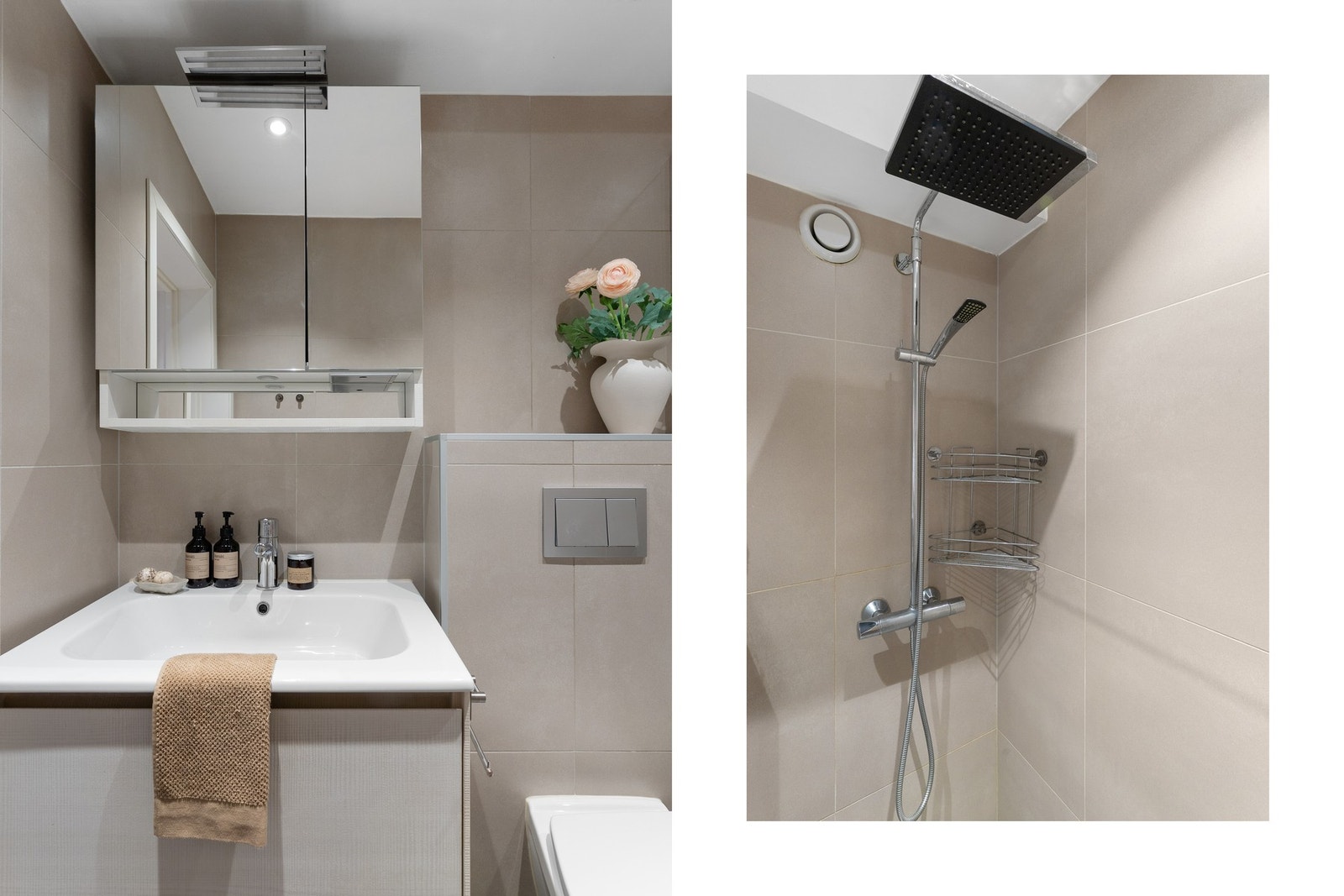 - Badet har flislagte overflater, vegghengt toalett, dusjløsning med glassvegger og servantinnredning - Galleribilde
