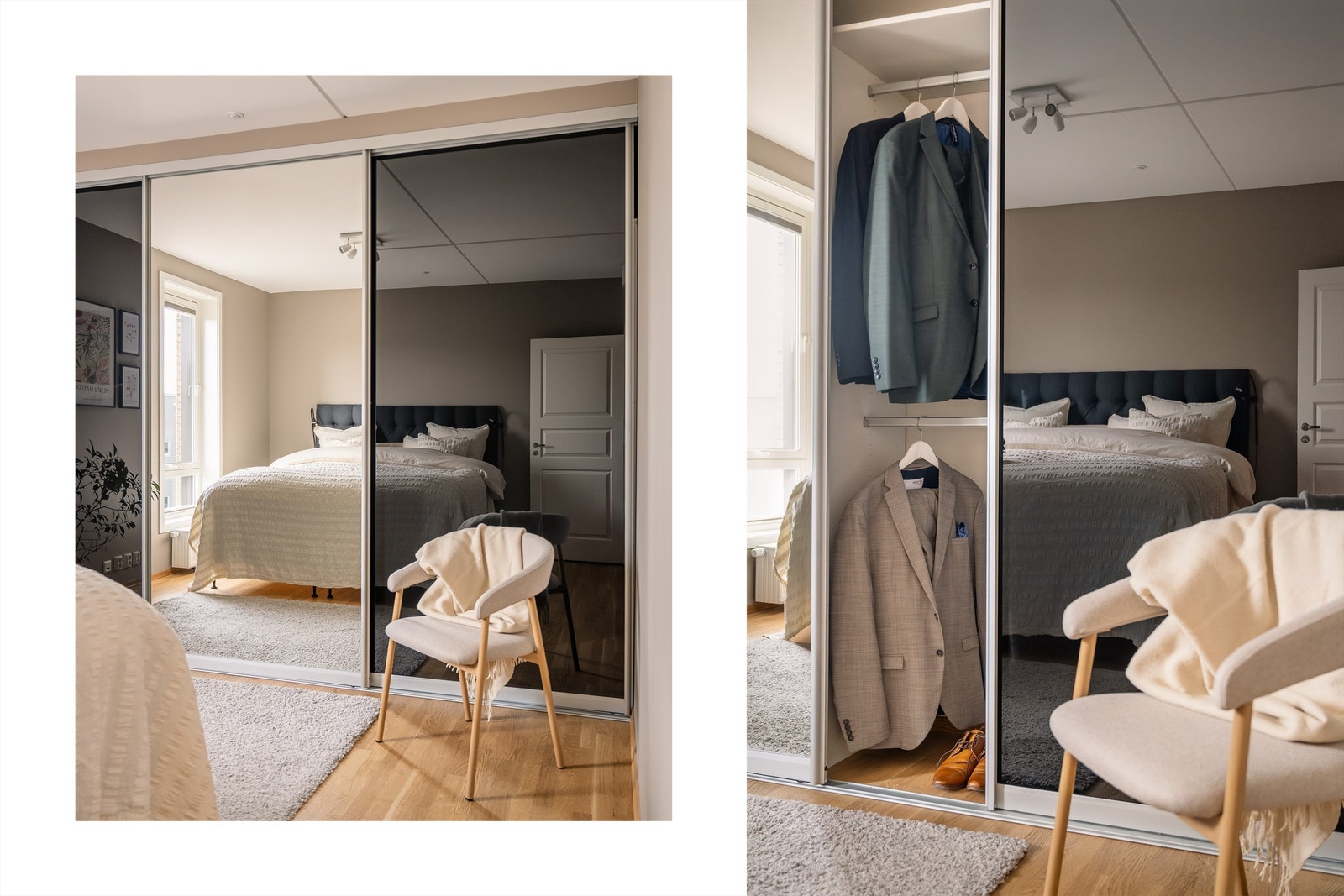 Godt med oppbevaringsplass i romslig skyvedørsgarderobe med speildører Galleribilde