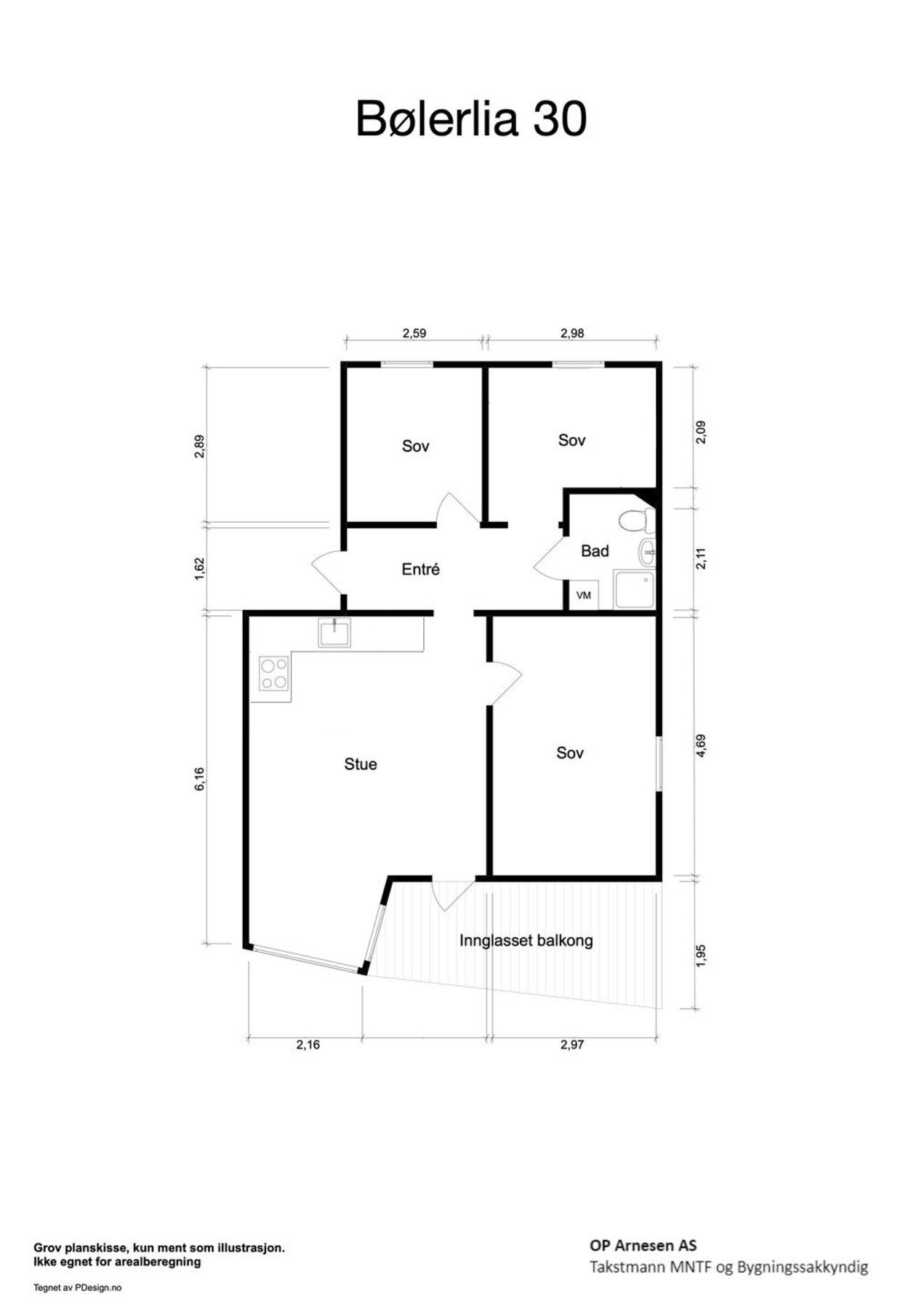 Alternativ planløsning med tre soverom. Det er ikke gjort ytterligere undersøkelser om dette lar seg gjøre. Galleribilde
