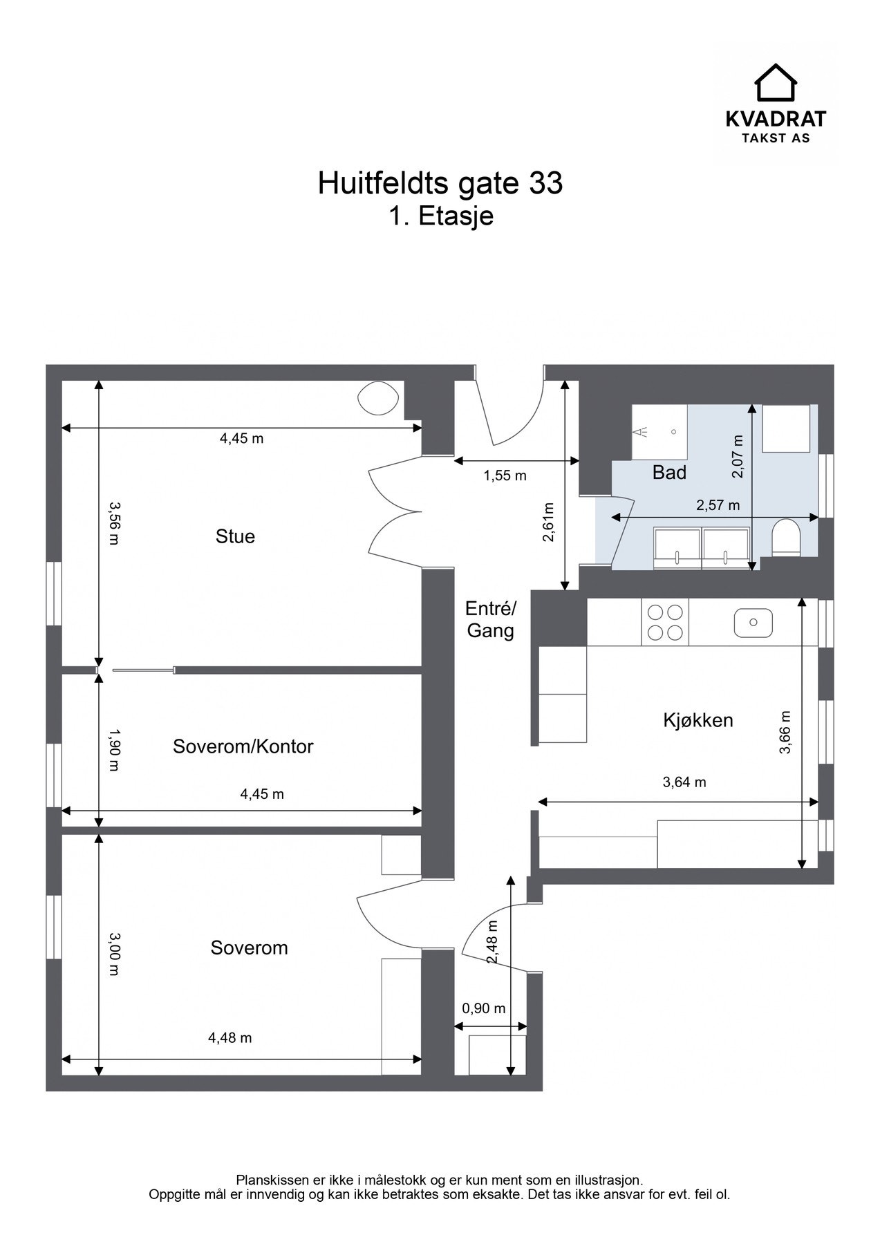 Plantegning av Huitfeldts gate 33. Boligen ligger skjermet og godt tilbaketrukket til i 1. etasje Galleribilde