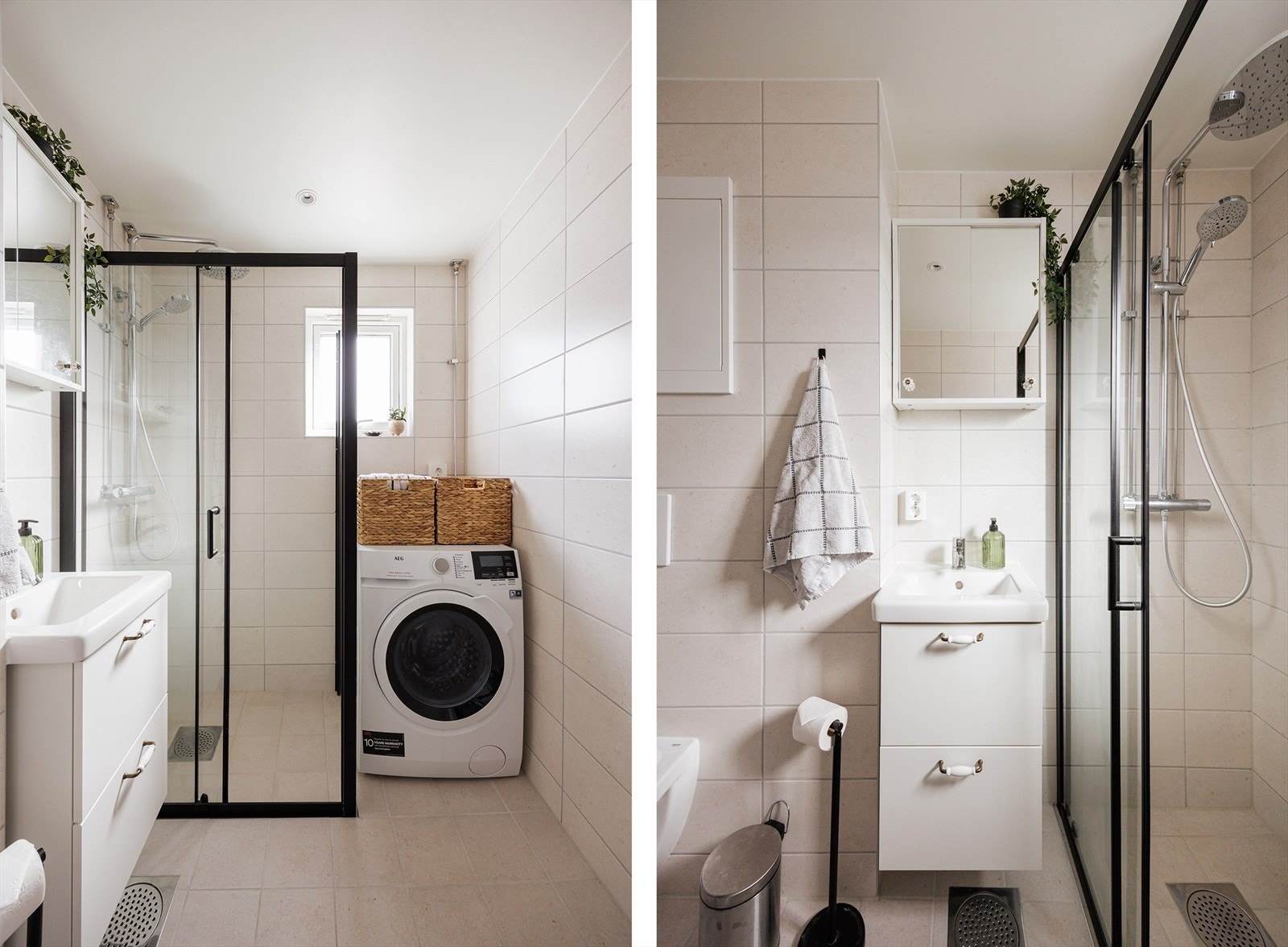 Badet var nytt i 2025 - i regi av borettslaget. Flislagte overflater i lyse toner. Baderomsinnredning med benkeskap med glatte fronter og veggskap med speil over servant. Galleribilde