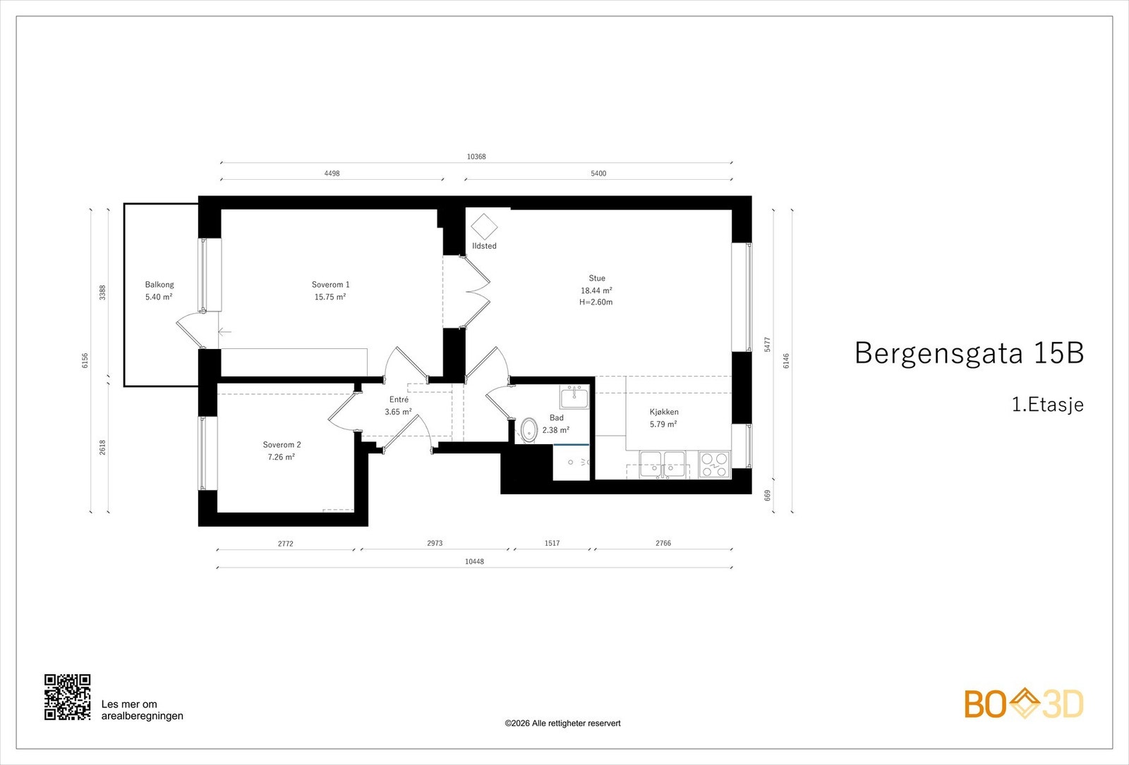 Før vi blar videre, ser vi nærmere på leilighetens planskisse. Boligen disponerer i tillegg 3 boder på totalt 15 kvm. Galleribilde