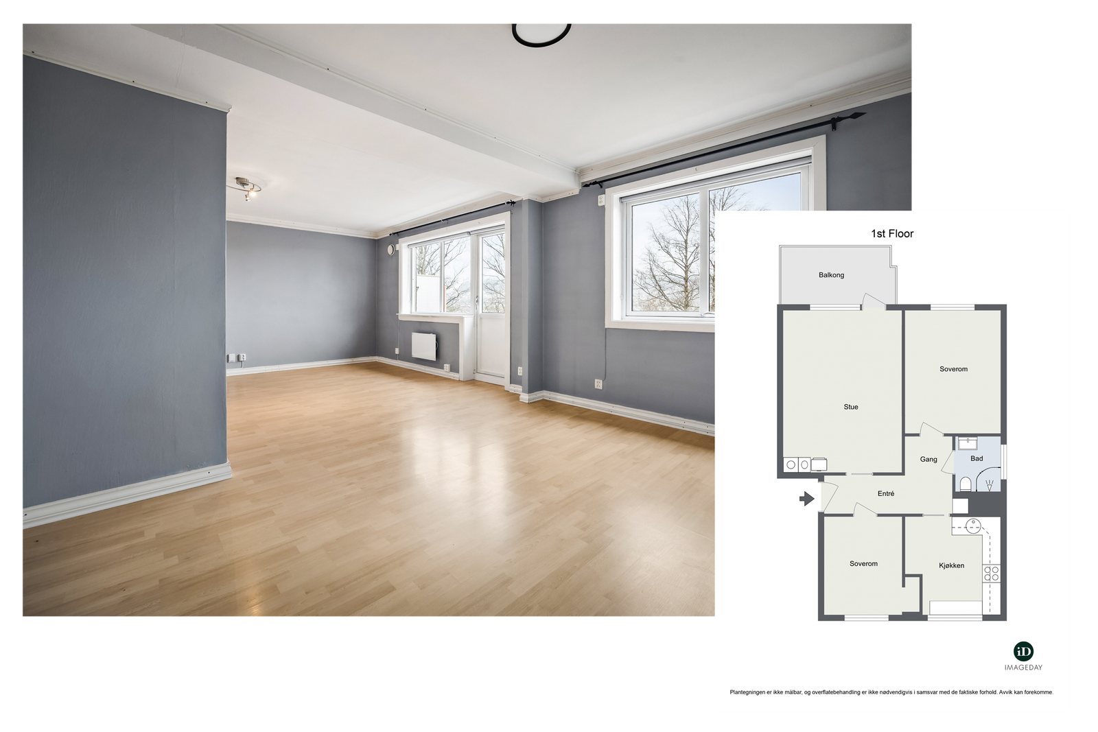 Leiligheten er opprinnelig godkjent med 2 soverom, planløsning illustrert på plantegning Galleribilde