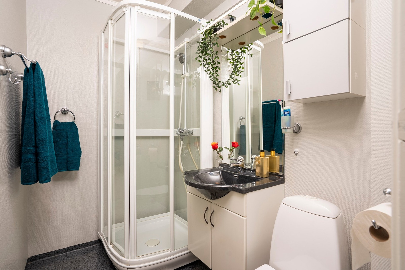 Pent bad med dusjkabinett, servant i innredning og wc Galleribilde
