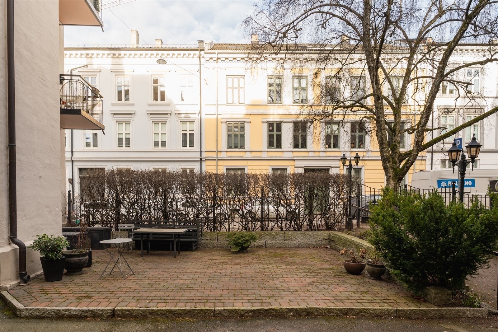 Felles bakgård med grønne vekster og utemøbler Galleribilde