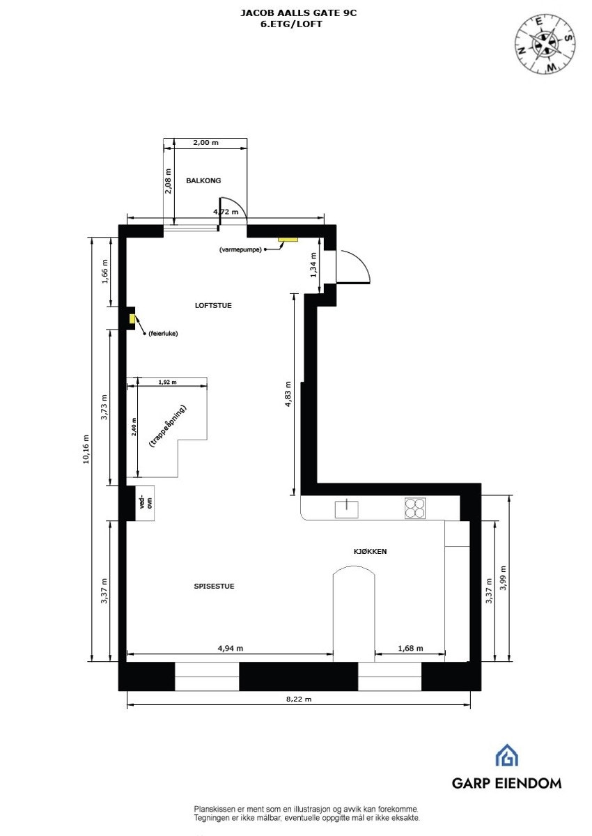 Plantegning med mål 6.etasje/loft. Galleribilde