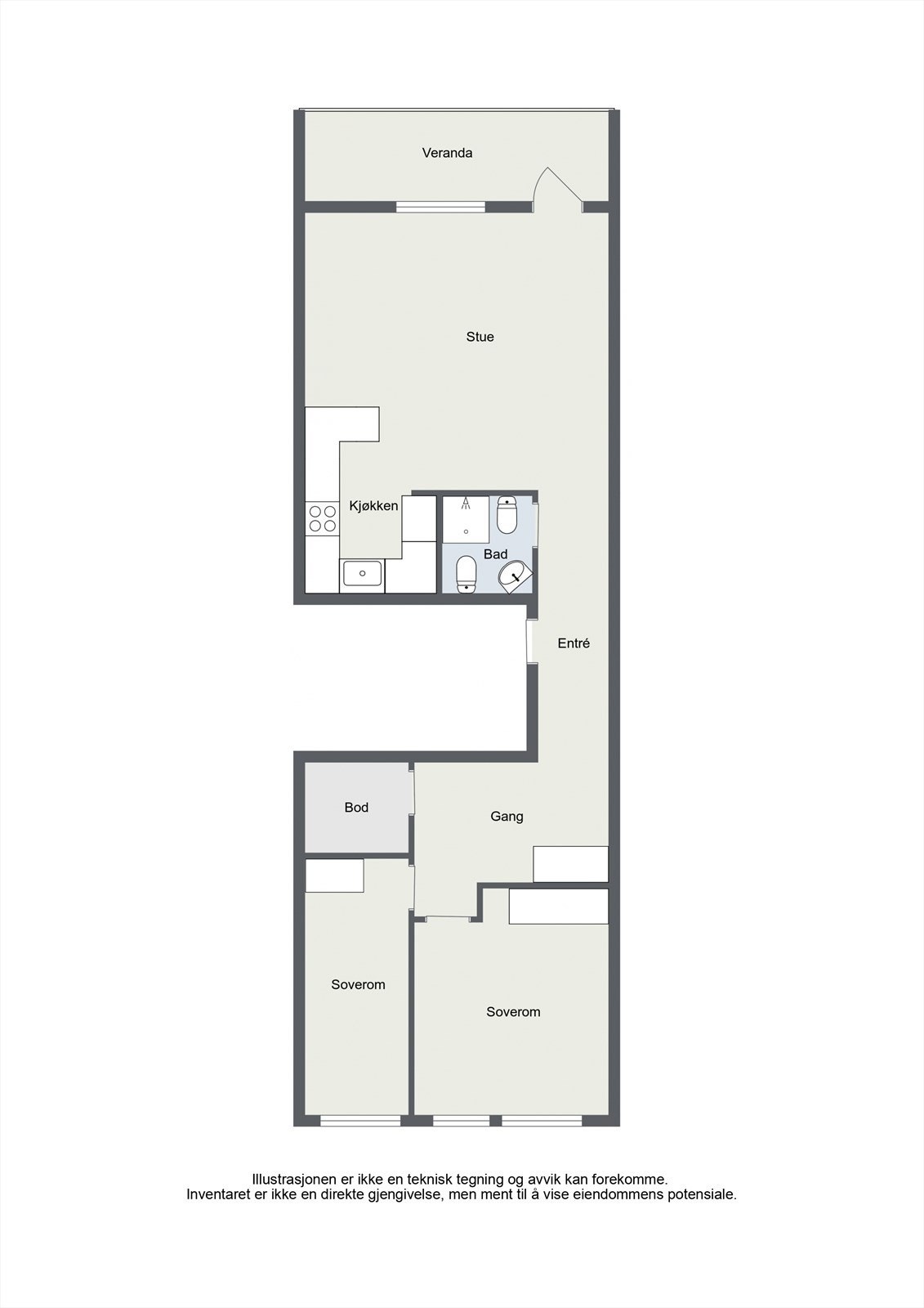 Leiligheten går over to plan og har en arealeffektiv planløsning med adskilt soveavdeling på øvre halvplan. Galleribilde