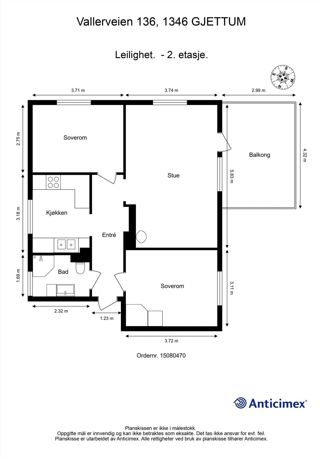 Leiligheten på 66 m² har en arealeffektiv planløsning med to gode soverom og adskilt kjøkken fra stuen. Galleribilde