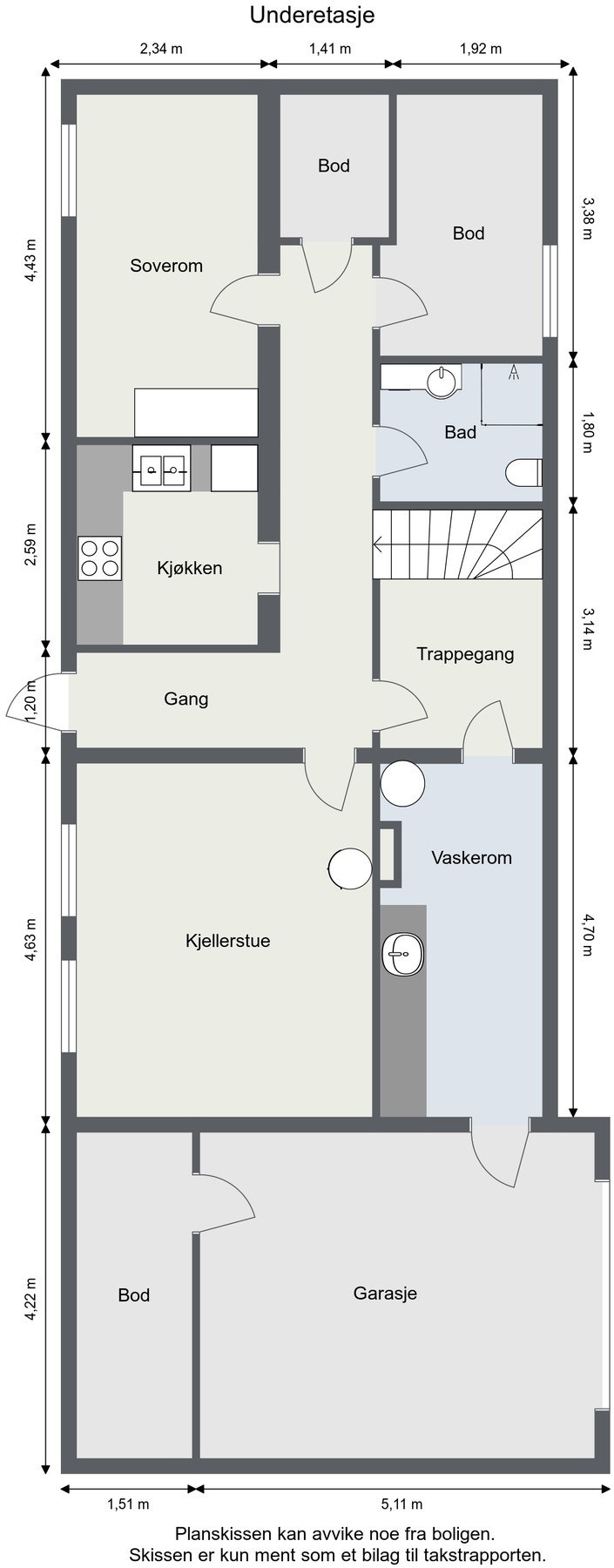 Underetasjen har soverom, kjellerstue, kjøkken, bad, vaskerom, trapperom, gang, boder og garasje. Galleribilde