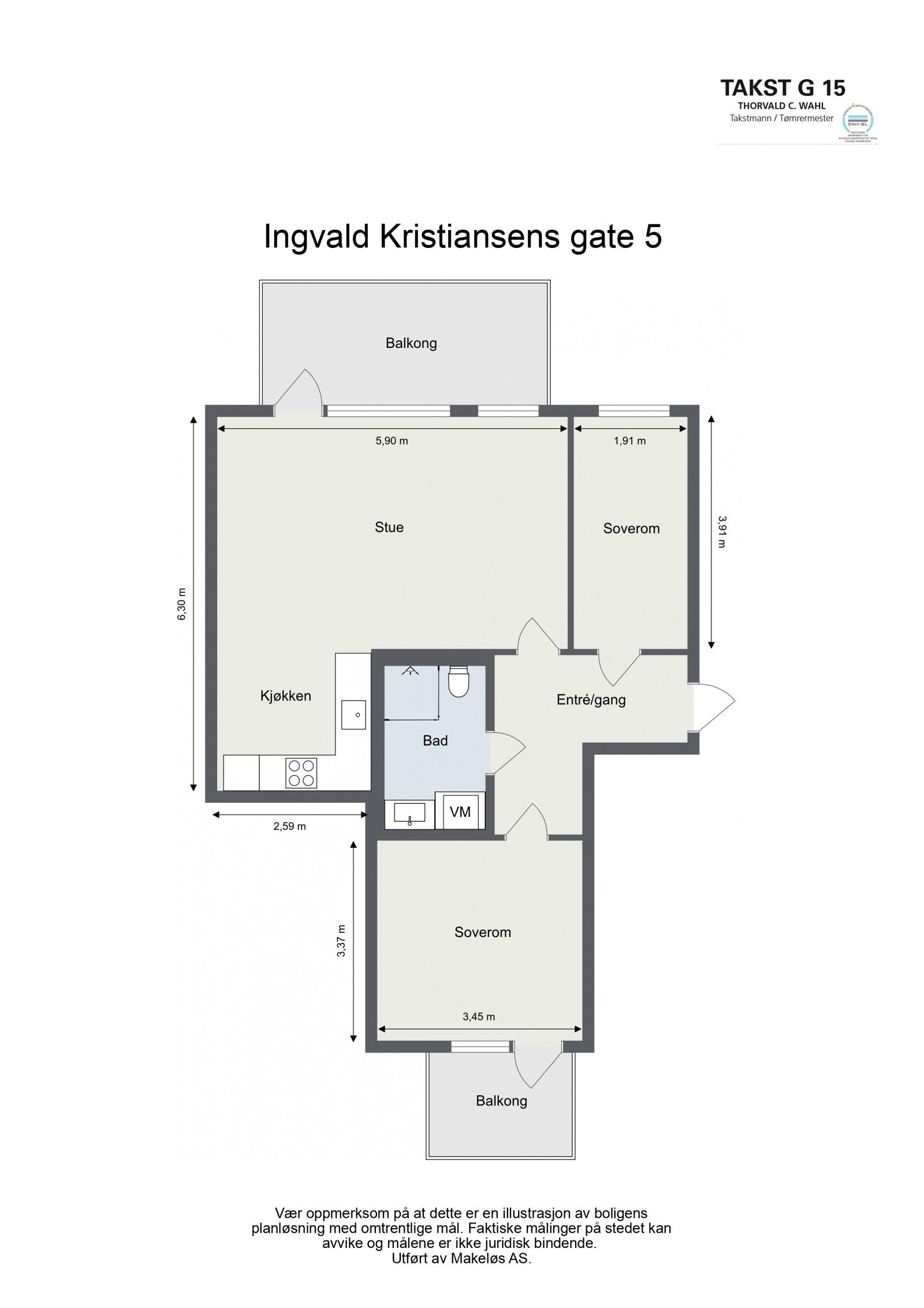 Gjennomgående 3 roms leilighet med arealeffektiv planløsning. 4 kvm balkong ut fra hovedsoverom Galleribilde