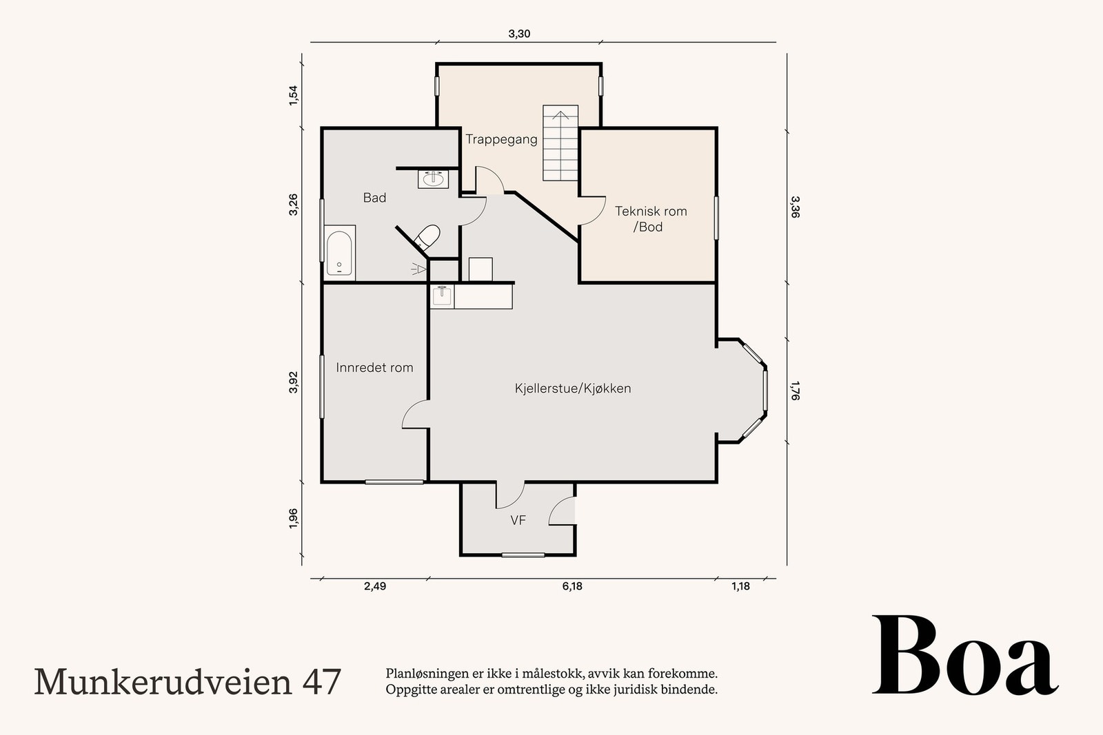 Kjeller: Trappegang, teknisk rom / Bod. Hybel: Innredet rom og kjellerstue med åpen kjøkkenløsning, bad og vindfang. Galleribilde