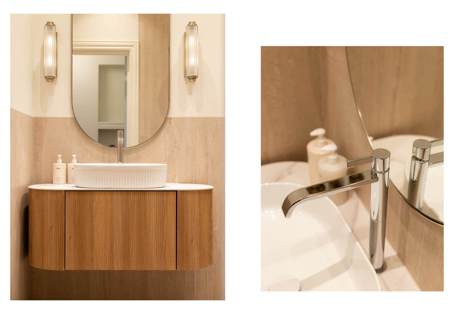 Badet er innredet med servantskap med oval servant, speil med sidelys, vegghengt toalett og dusjsone med glassvegg i herdet glass. Galleribilde