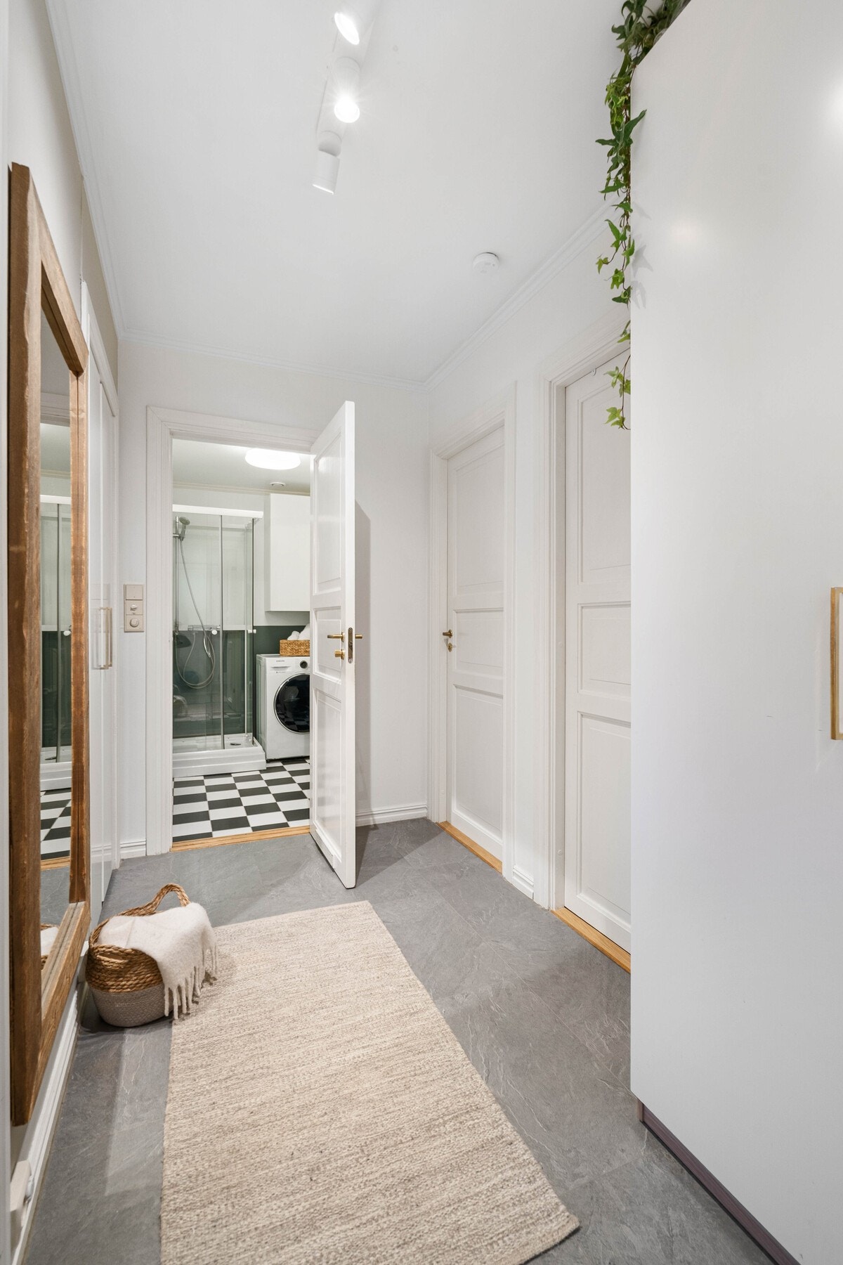 Lys og romslig entré med spotskinne i himling. Galleribilde