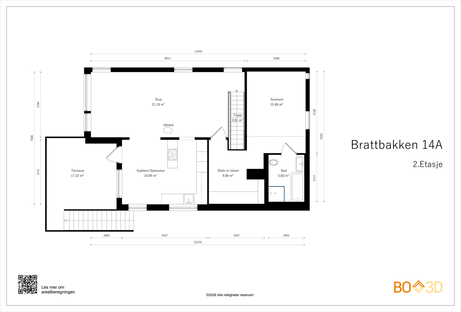 2. etasje har et internt bruksareal på 89 m², med en vestvendt terrasse på 17 m². Galleribilde