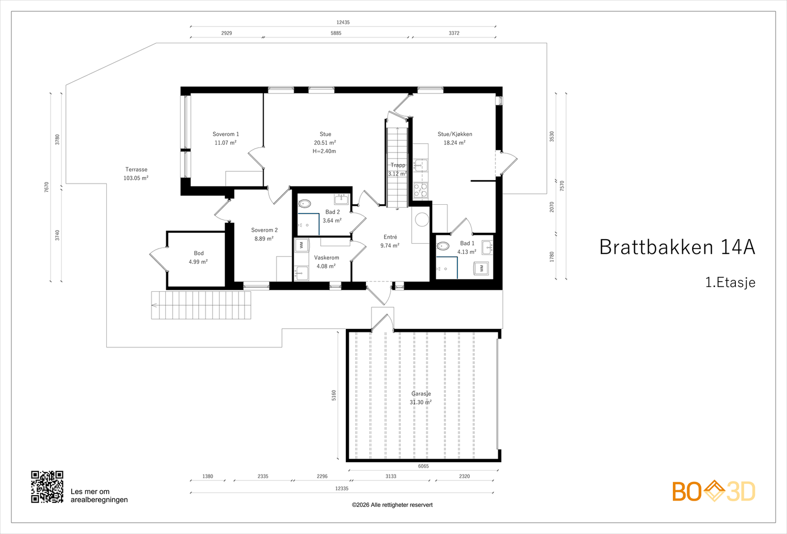 1. etasje har et internt bruksareal på 89 m² og en utvendig sportsbod på 6 m², samt en markterrasse på 103 m². Galleribilde