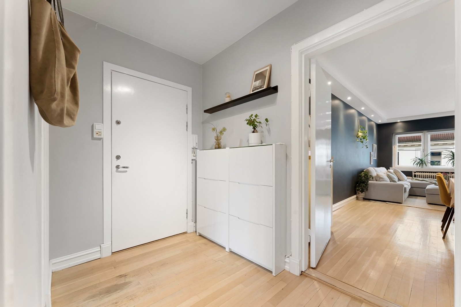 Romslig entré med plass for klesoppheng og oppbevaring av sko. Leiligheten har dørcalling og heisadkomst. Galleribilde