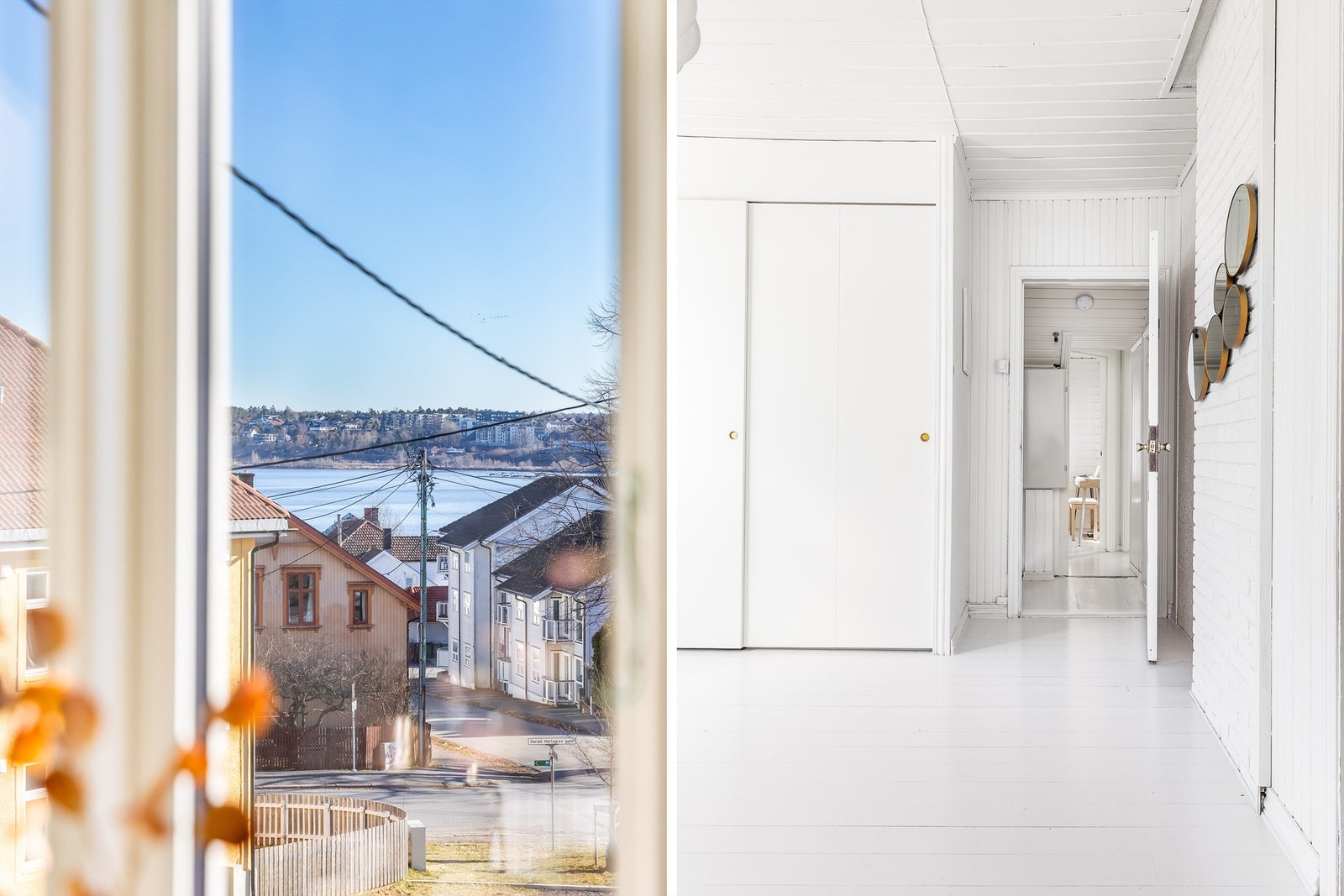 Plassbygget skyvedørsgarderobe inngår i det største soverommet/loftstuen. Gjennom vinduet langstrakt utsikt og gløtt av sjøen i Mossesundet. Galleribilde