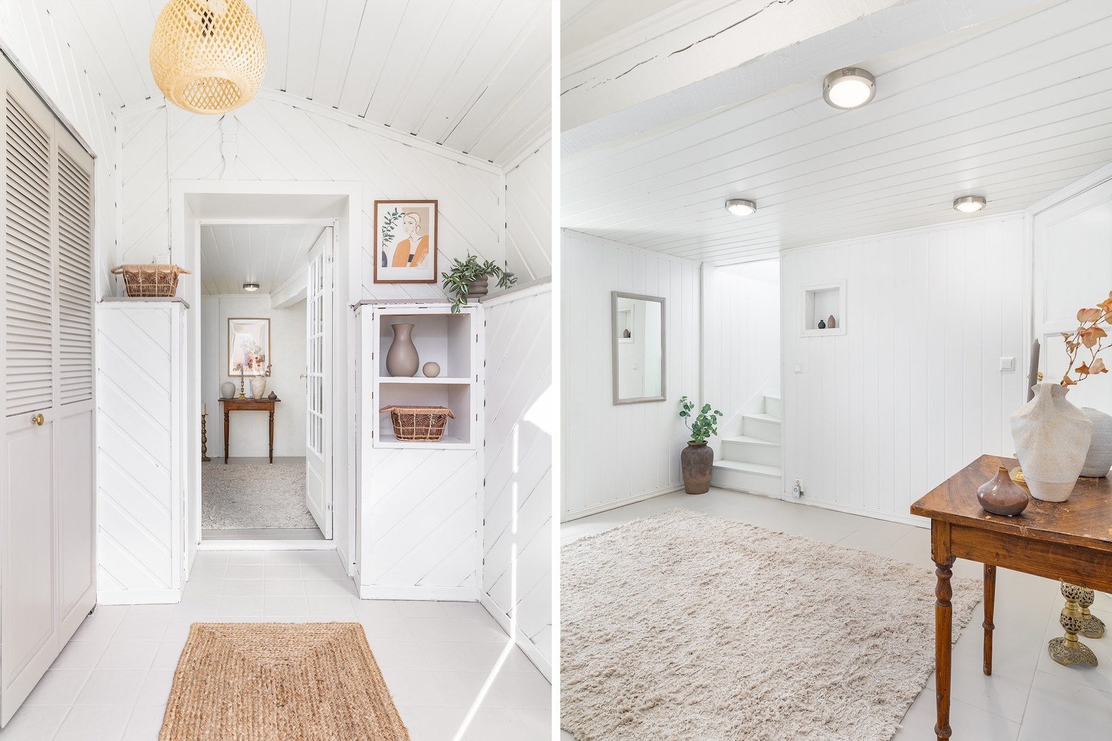 Både hallen og entreen har flislagte gulv med varme. Flisene er nylig malt, i likhet med vegger og himlinger. Galleribilde