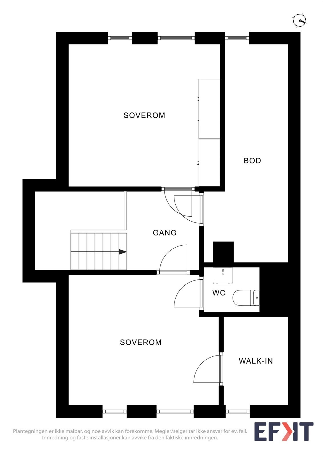 Andre etasje inneholder to soverom, toalettrom og bod. Etasjen har et bruksareal på 30 m². Galleribilde